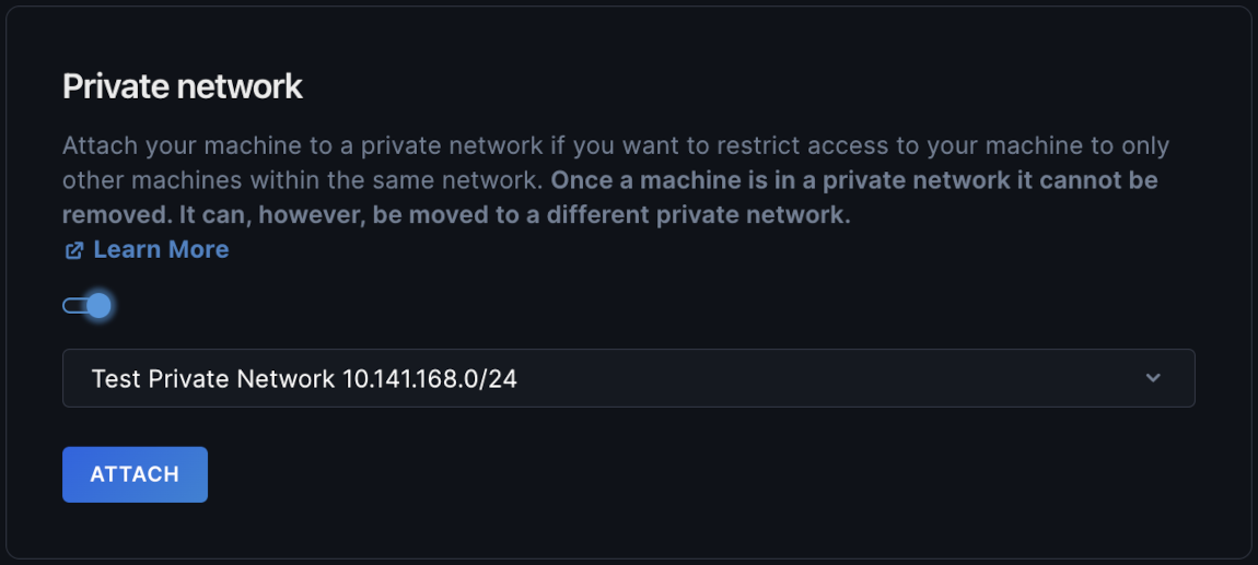 The Private Network section of the machine's Settings page with the option enabled and a network selected.