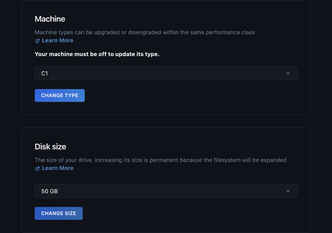 The Machine section and Disk size section of the machine's Settings page.