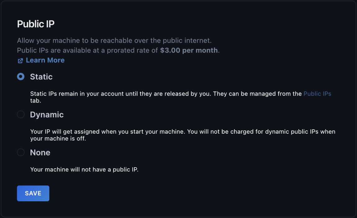 The IP address section of the machine's Settings page with Static selected.