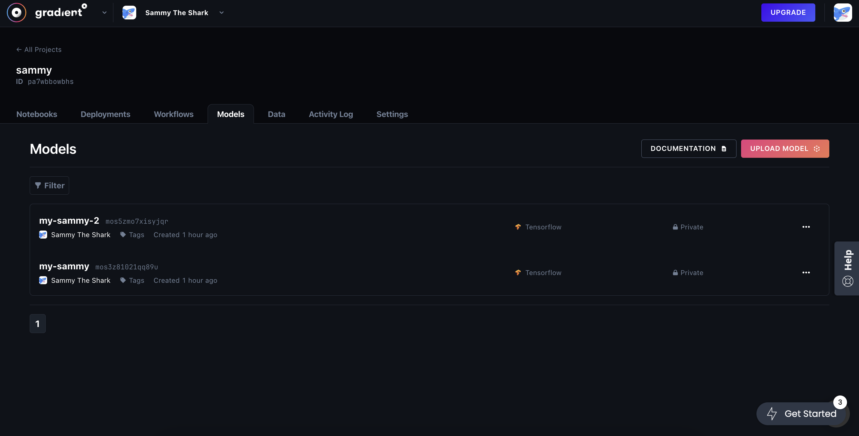 List of uploaded TensorFlow models with their names, creation times, visibility status, and options to upload new models.