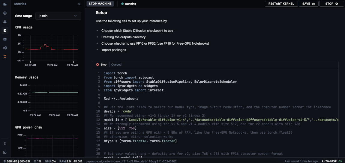 Notebook metrics such as CPU usage, memory usage, and GPU power draw alongside a code cell.