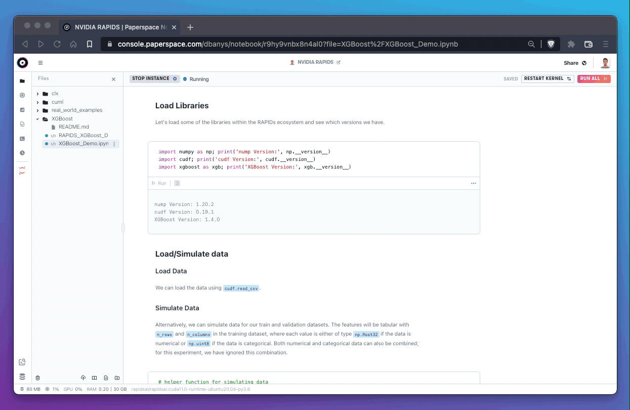 Notebook loading RAPIDS libraries and printing installed package versions.