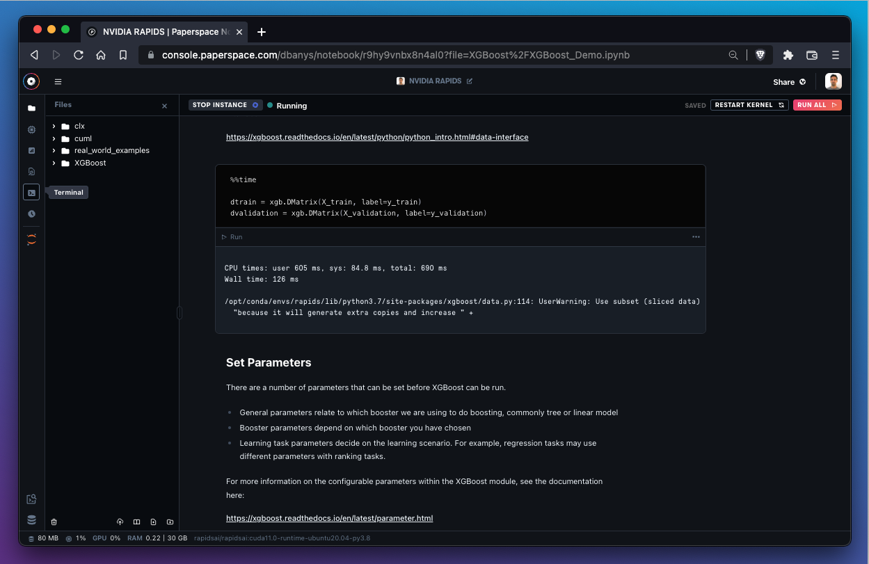 Notebook page showing terminal button on the left menu.