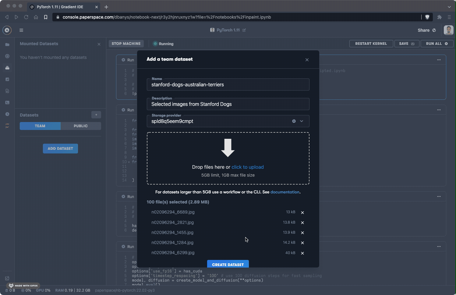 Dataset upload window showing files being added to a team dataset with drag-and-drop upload area.