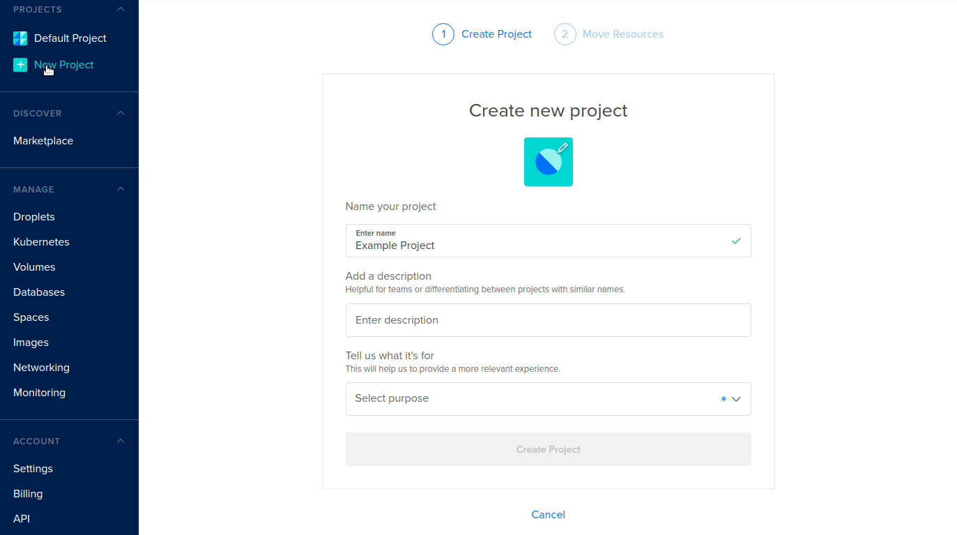 Create new project page showing form fields for project name, description, and purpose.