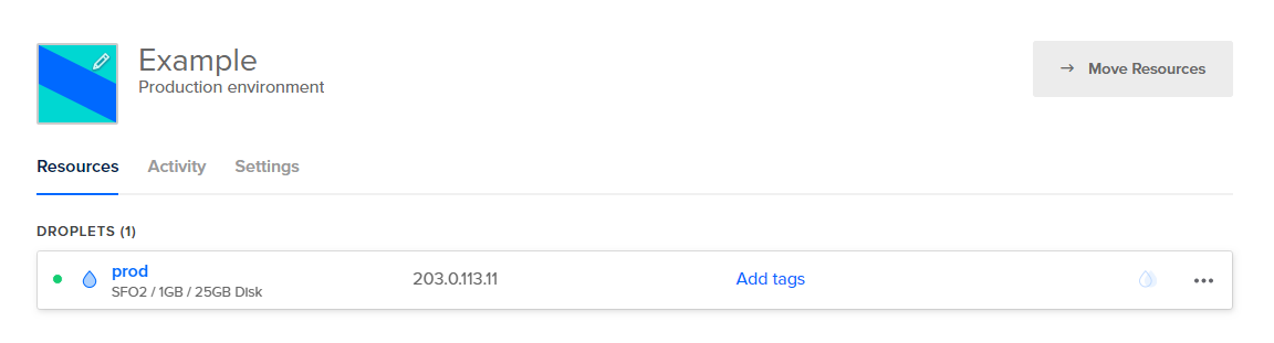 Project overview page showing one resource with its region, size, IP address, and options to add tags or move resources.