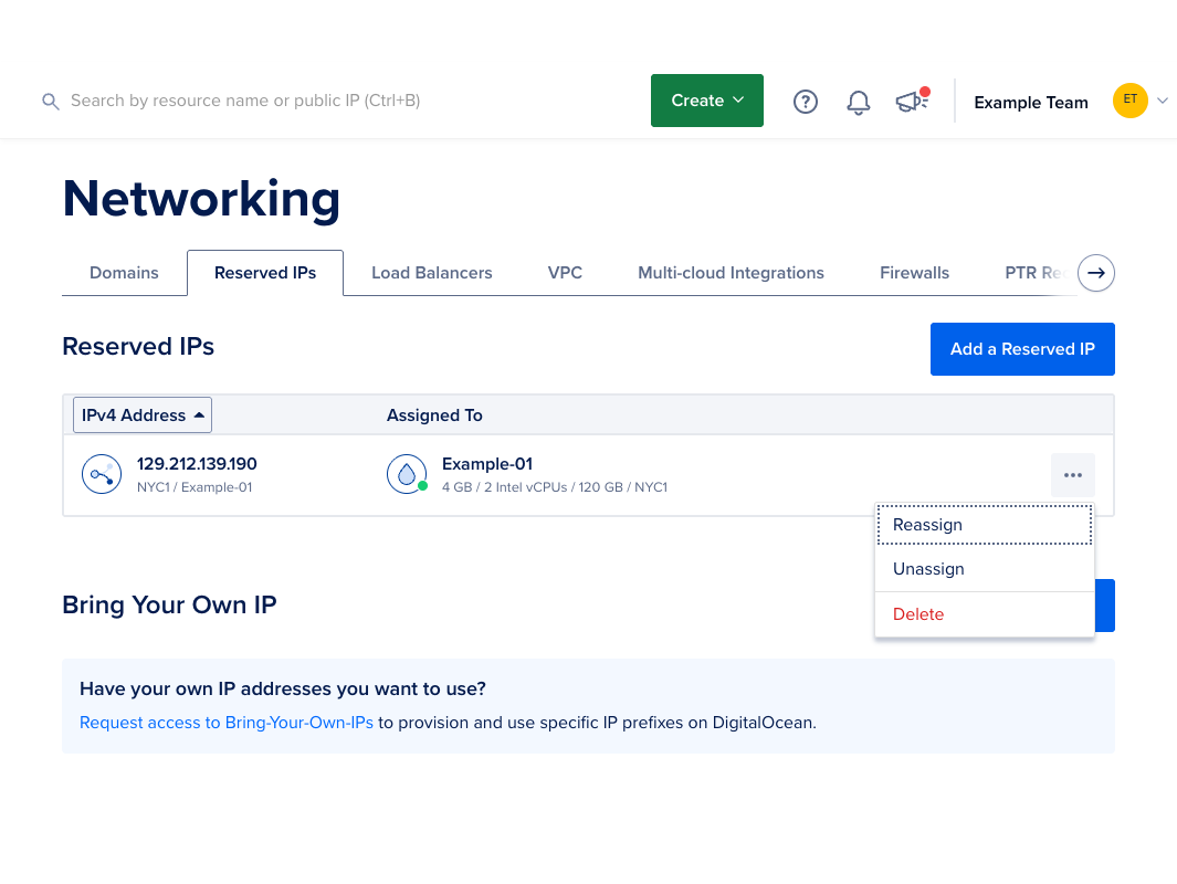 Reserved IPs page listing IP addresses with associated Droplets and a More dropdown menu offering reassign, unassign, and delete options.