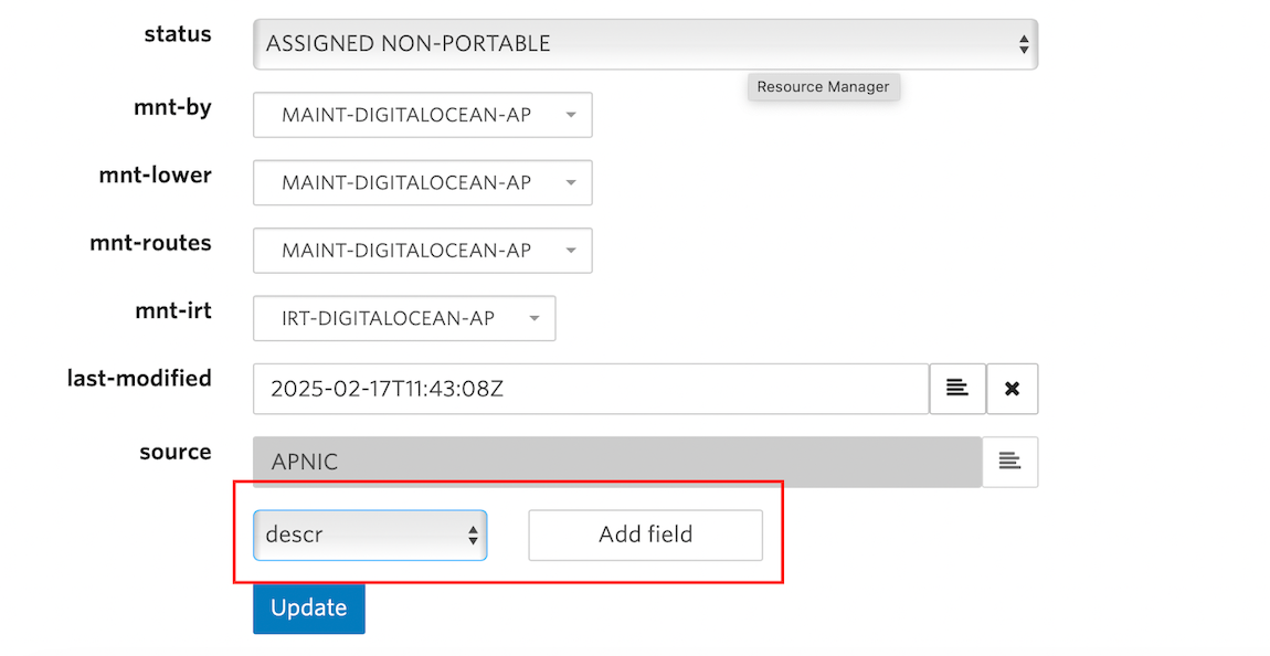 Screenshot of the APNIC website showing a dropdown menu with 'descr' selected