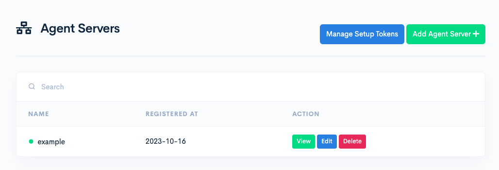 Agent servers list page showing a registered agent server with buttons to manage setup tokens and add a new agent server.