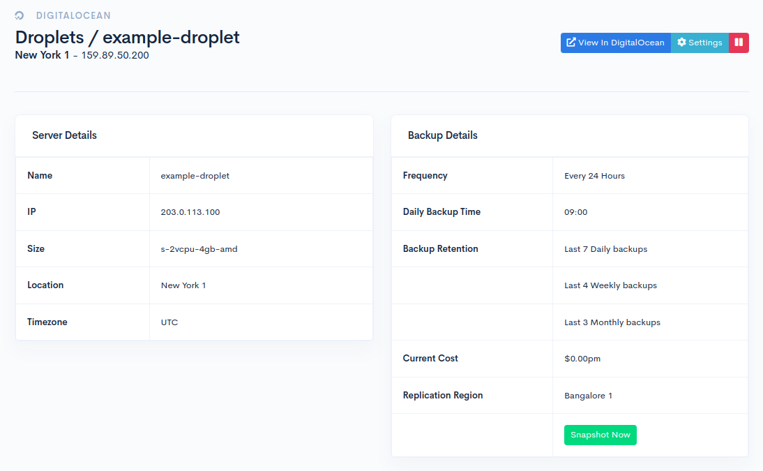 Snapshooter Droplet details page showing server details and backup configuration, including backup frequency, and retention policy.