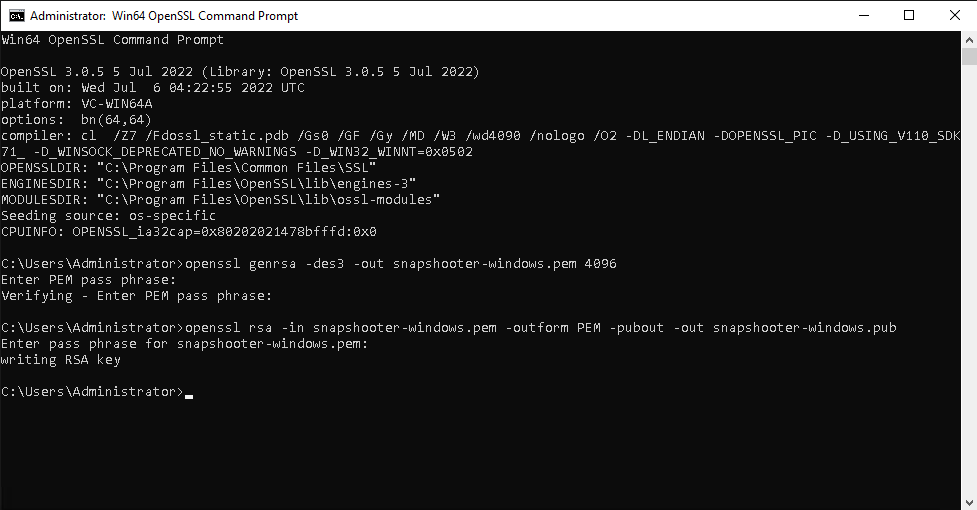 screenshot of the Win64 OpenSSL Command Prompt, which is a Windows command line prompt with some OpenSSL information printed at the top, and a C:\Users\Administrator> prompt