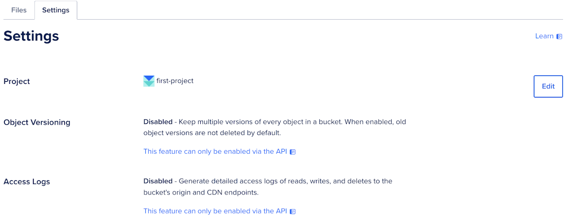 Bucket settings page showing the project and disabled object versioning and disabled access logs.