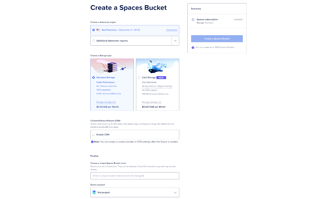 Create a Spaces Bucket page with region selection, storage type options, CDN toggle, pricing summary, and fields to enter a bucket name and select a project.