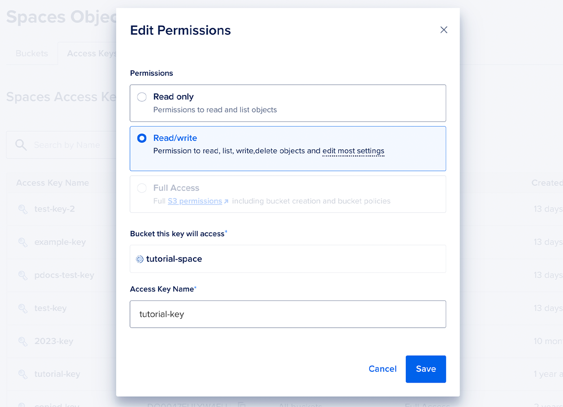 The Edit Permissions modal