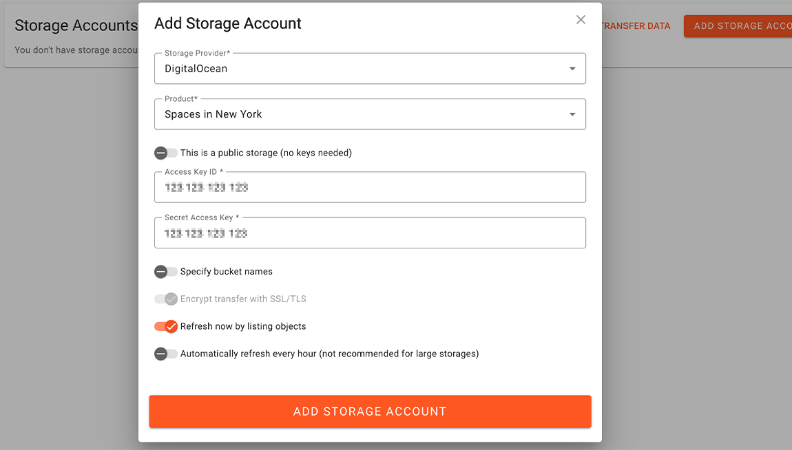 The add storage account modal in the Flexify.IO dashboard