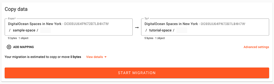The copy data/migration modal in the Flexify.IO dashboard
