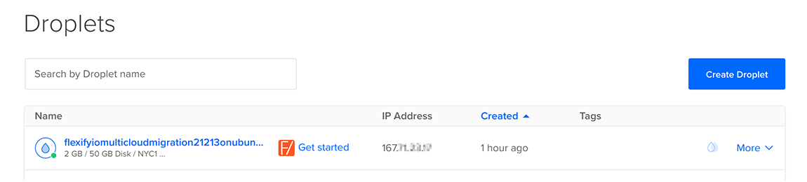 The Droplets page in the DigitalOcean control panel, which shows clickable text reading Get started
