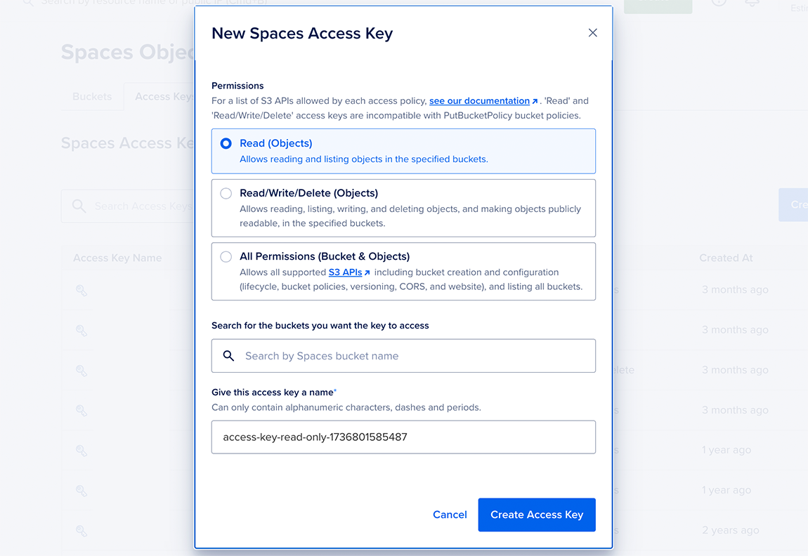 The Spaces Access Key modal