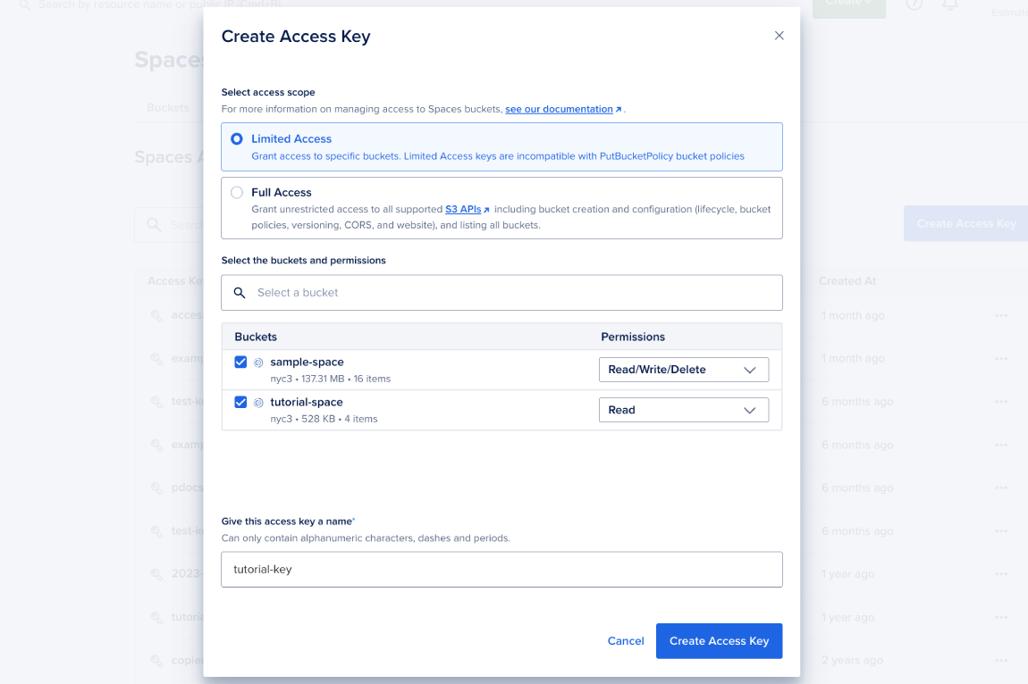 The Spaces Access Key window