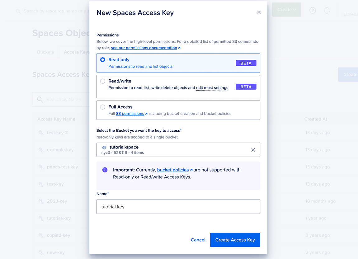 The Spaces Access Key modal