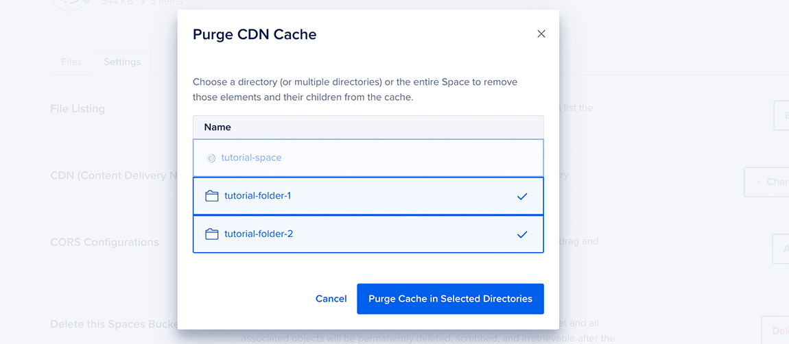 The Purge Cache window to purge selected directories from a Space