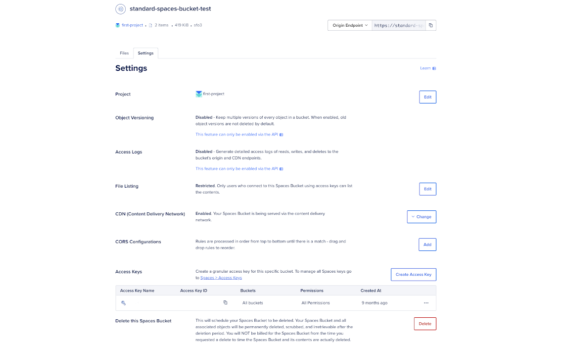 Spaces bucket settings tab with options for project, versioning, access logs, file listing, CDN, CORS, access keys, and a delete bucket button.