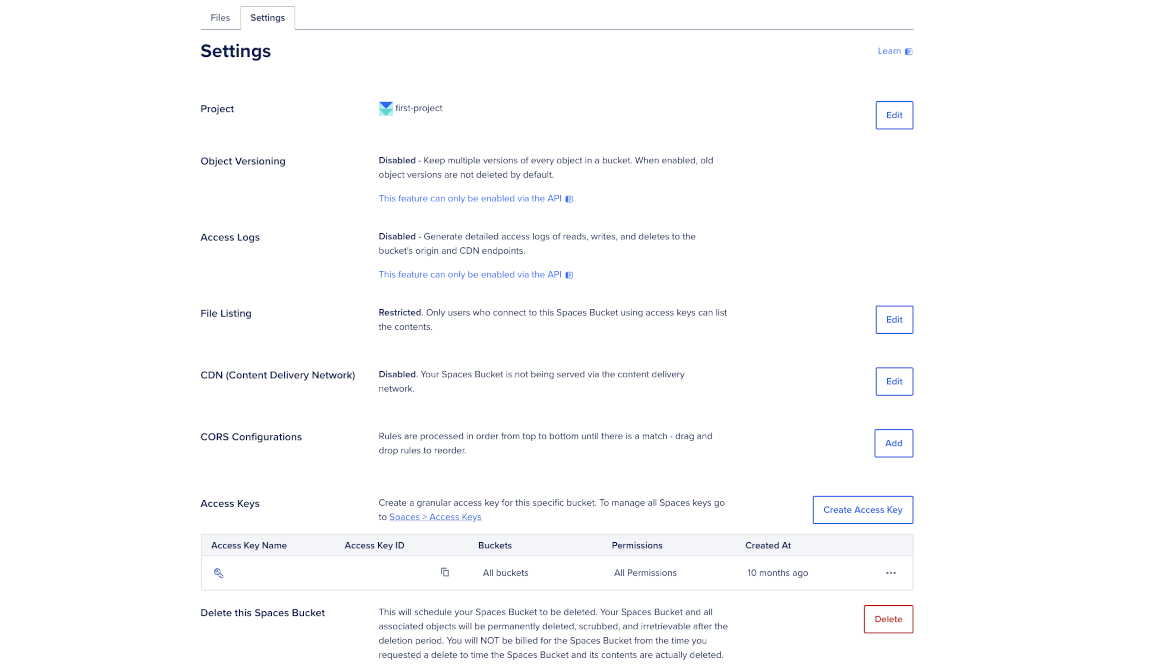 DigitalOcean Spaces Settings page showing project assignment, object versioning, access logs status, file listing permissions, CDN settings, CORS configuration, access keys, and bucket deletion options.