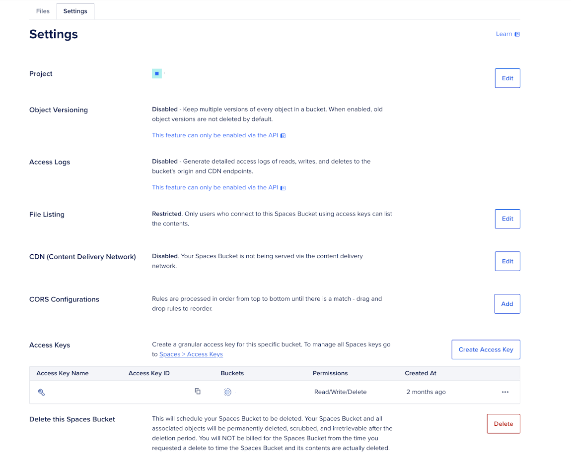 Spaces bucket settings tab with options for project, versioning, access logs, file listing, CDN, CORS, access keys, and a delete bucket button.