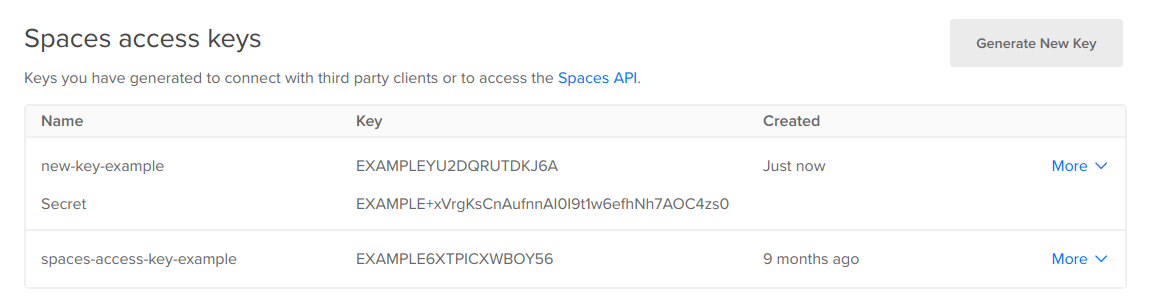 Spaces access keys page listing generated access keys and secrets, with key names, and creation times.