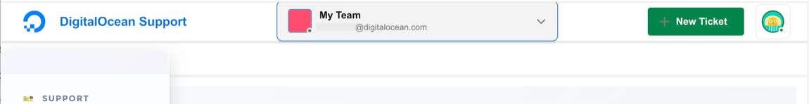 The top portion of the support portal, showing the team dropdown menu