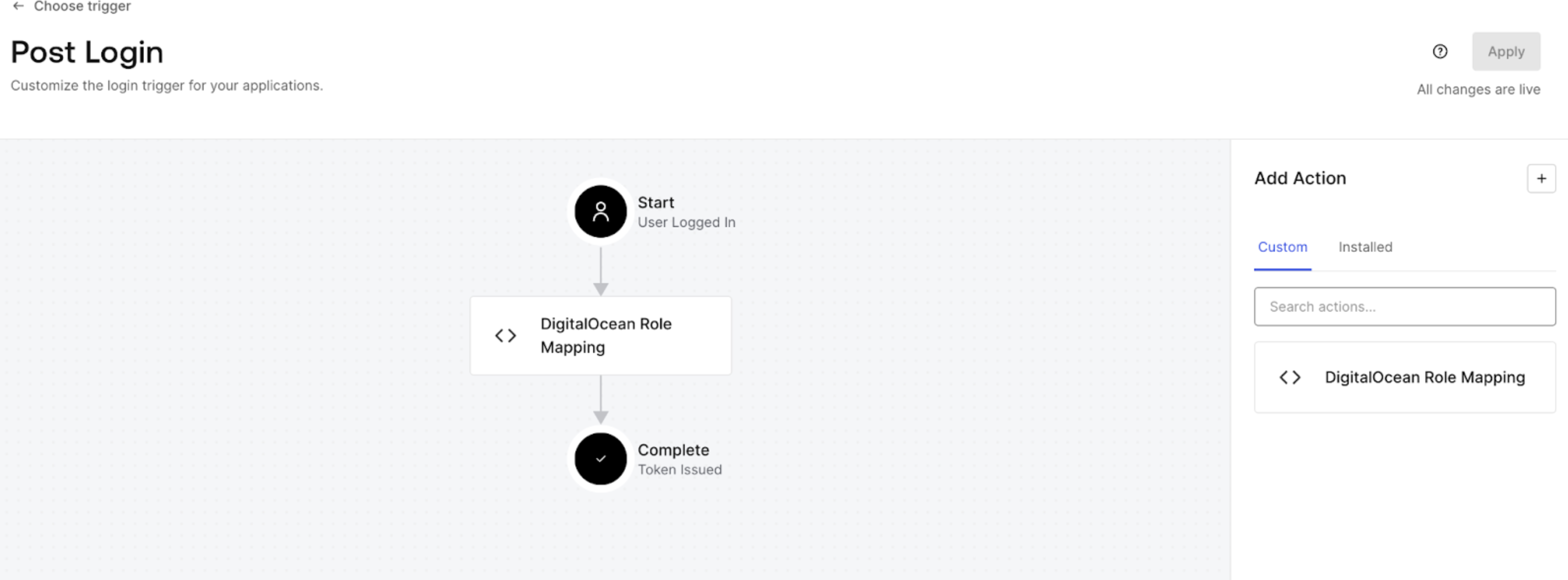 Attach the DigitalOcean Role Mapping action to the login flow in Auth0