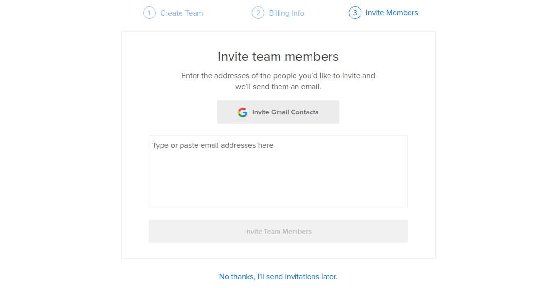 The create a team invite members window
