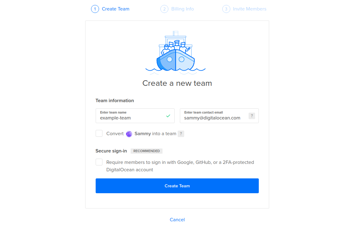 The create a new team window
