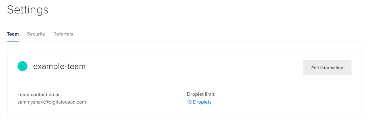 Team settings tab showing team details such as team name, contact email, and Droplet limit.