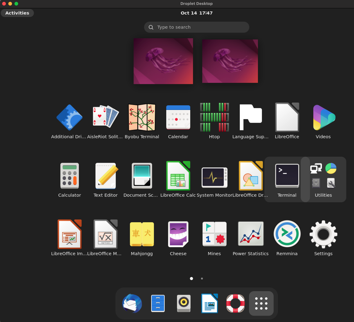 Ubuntu Desktop Activities menu with Terminal highlighted
