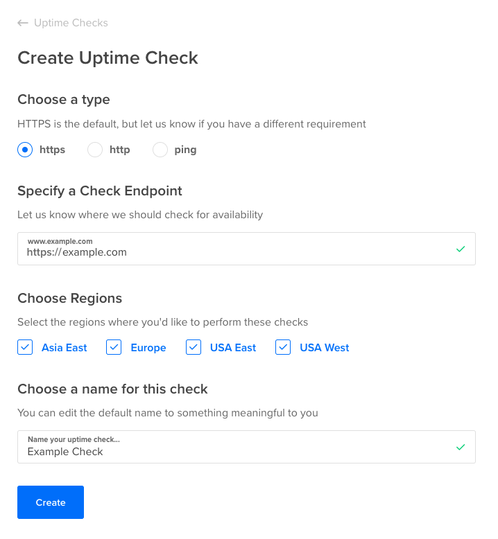 Create Uptime Check page showing options to choose a check type, specify an endpoint URL, select multiple regions for monitoring, and name the uptime check.