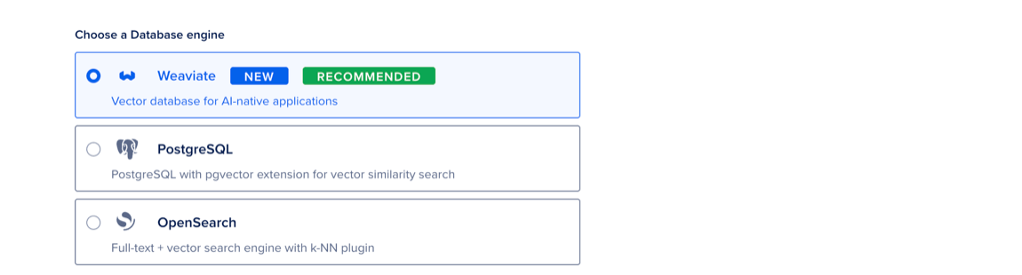 The database engine selection portion of the vector database create page