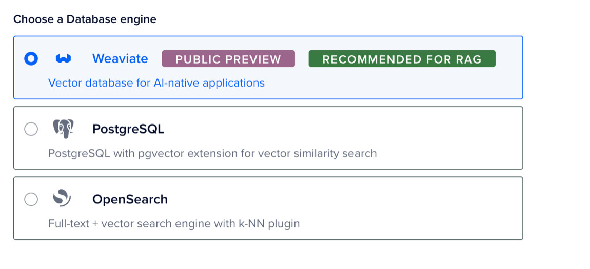 The database engine selection portion of the vector database create page