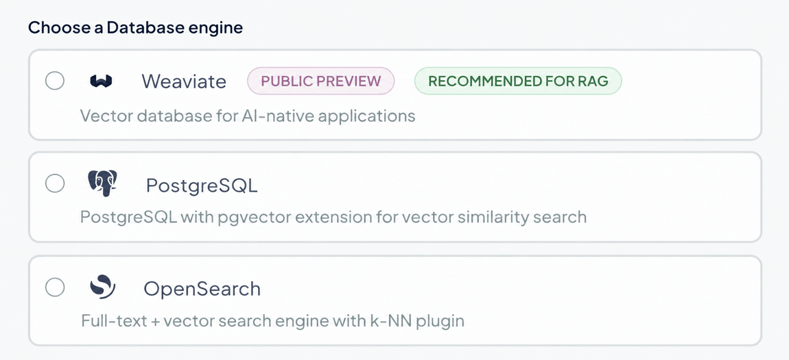 The database engine selection portion of the vector database create page