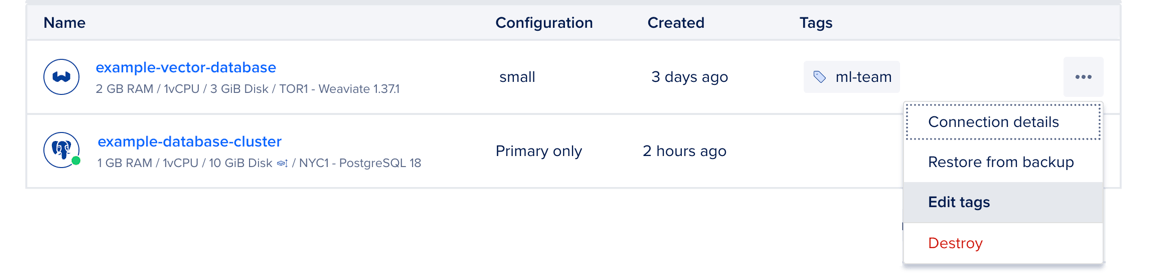 The Weaviate cluster's More menu with Edit tags option