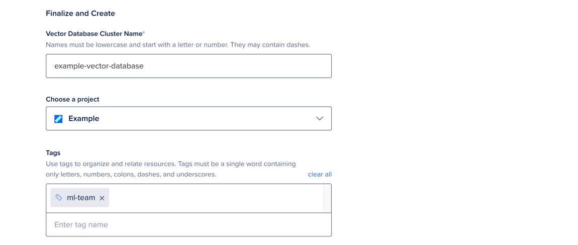 The Finalize and Create section of the Create a vector database page