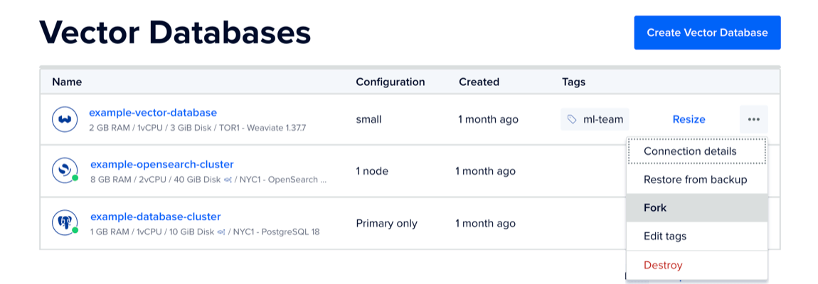 A Weaviate cluster's expanded ... menu showing the Fork option highlighted