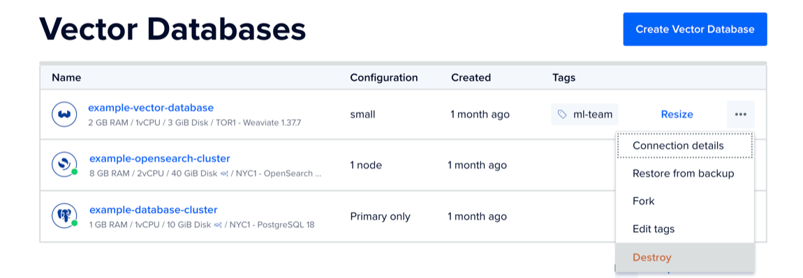 A Weaviate cluster's expanded ... menu showing the Destroy option highlighted