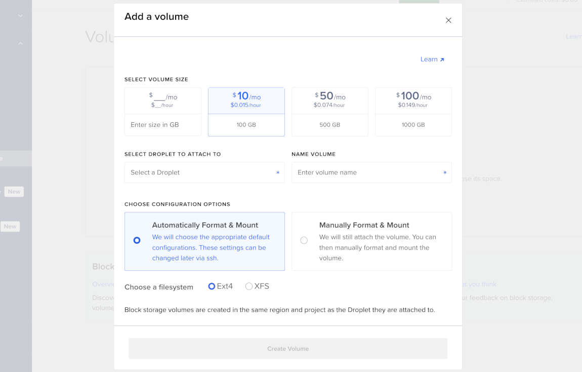 Add a volume window showing volume size options, Droplet selection, volume name, and automatic or manual format and mount settings.