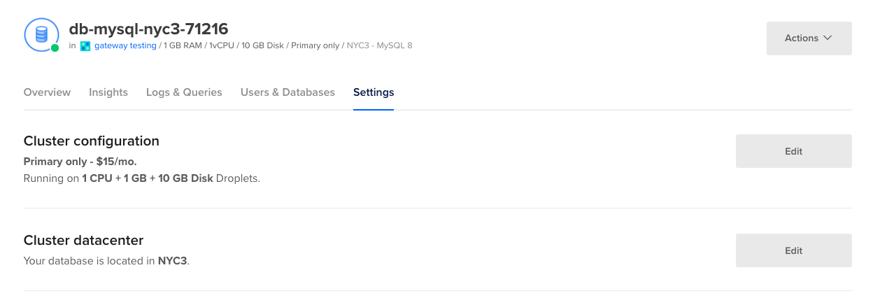 Database settings tab showing cluster configuration details, pricing, and the database datacenter location, with options to edit the cluster configuration and region.