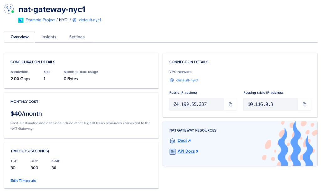 NAT Gateway detail page with the Overview tab active, showing configuration details (bandwidth, size, usage), monthly cost, timeout values, and connection details including the public IP address and routing table IP address.