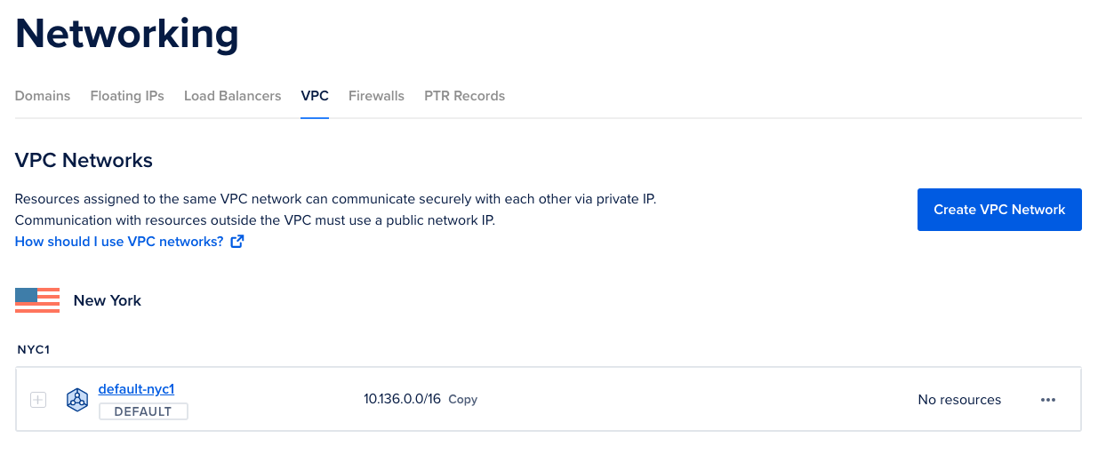 VPC Networks page showing a VPC network and its datacenter region, including the VPC name, and IP range.