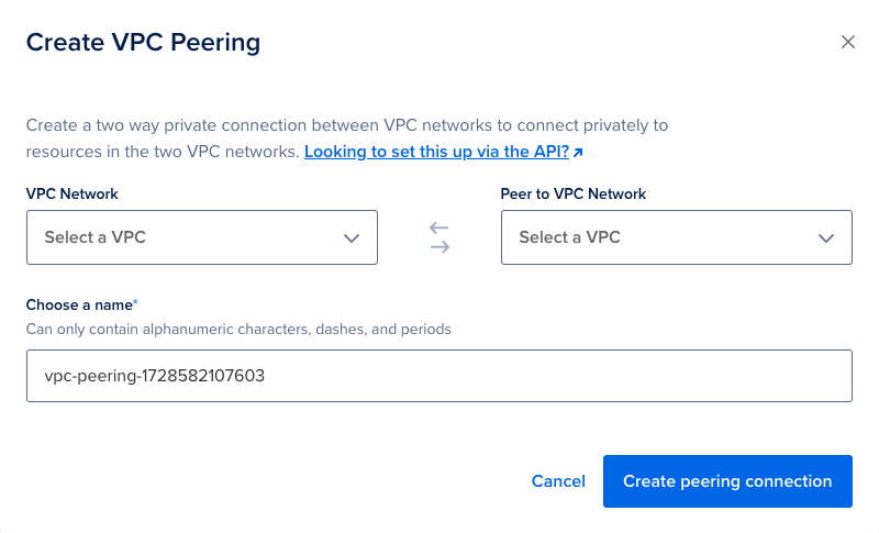 The VPC peering creation interface, showing some instructions, two dropdowns for selecting the two VPCs to peer, a textbox for naming the peering, and 'Cancel' and 'Create peering connection' buttons.